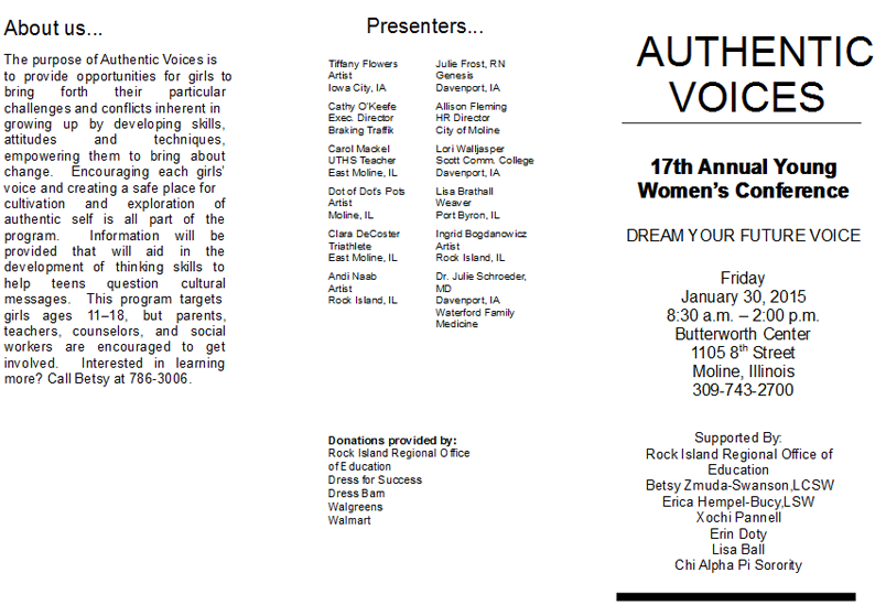 Part 1 of the flyer for Authentic Voices young women's conference